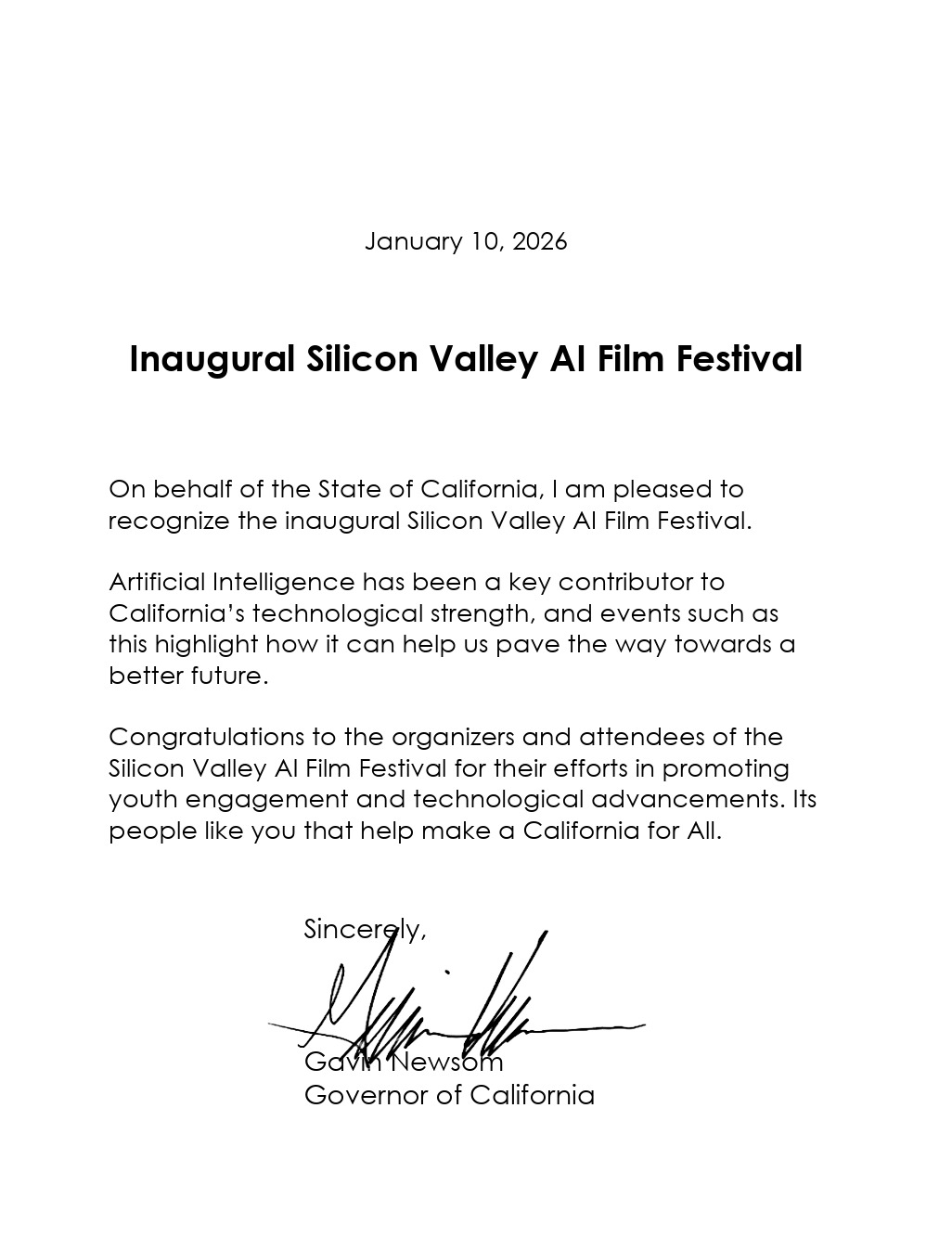 Letter from Governor of California Gavin Newsom recognizing the inaugural Silicon Valley AI Film Festival