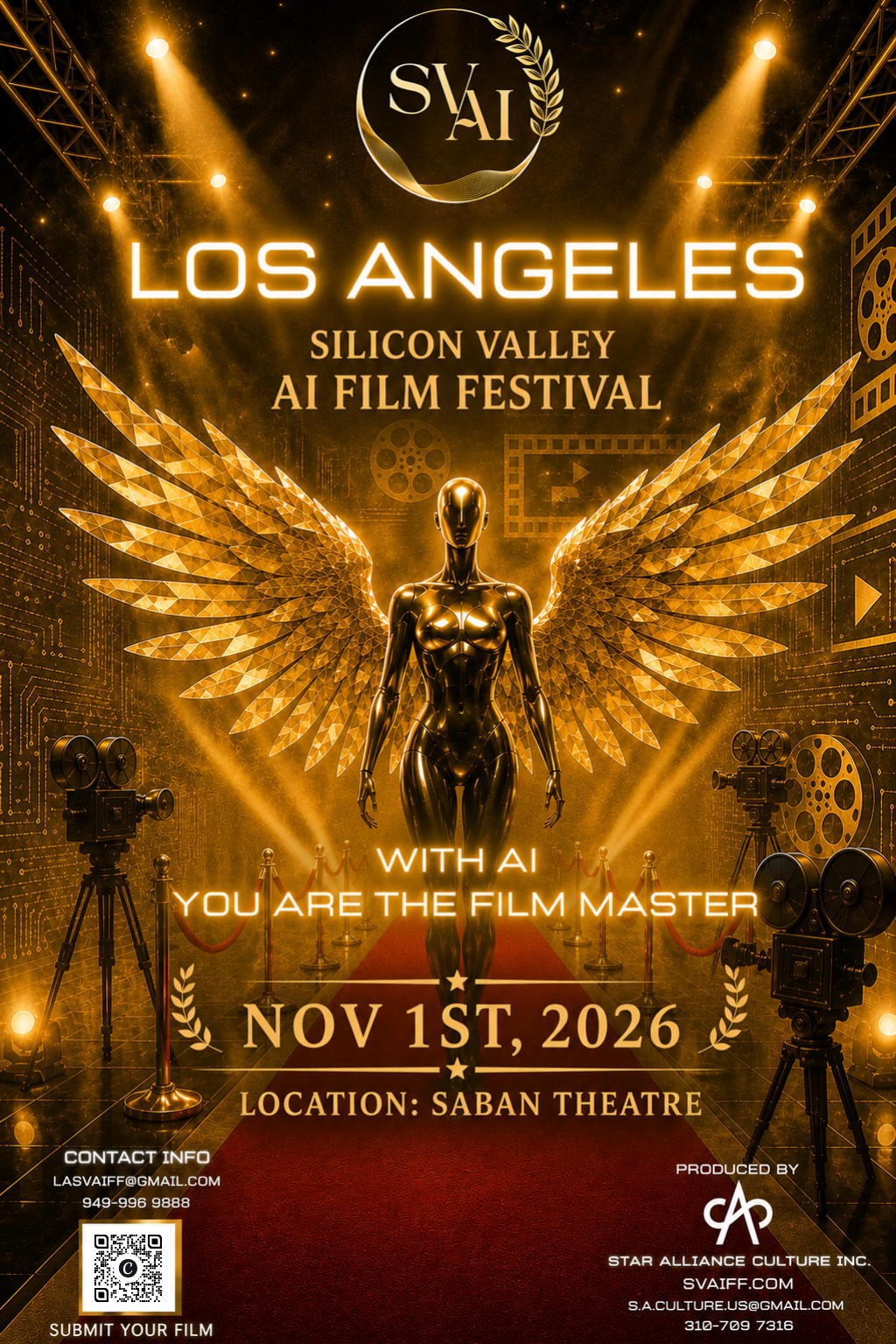SVAIFF Los Angeles official poster — Silicon Valley AI Film Festival, Los Angeles. With AI you are the film master. November 1st, 2026 at the Saban Theatre. Contact lasvaiff@gmail.com, 949-996-9888. Produced by Star Alliance Culture Inc.